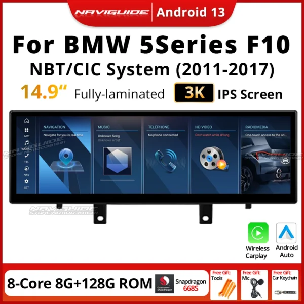 NAVIGUIDE 14.9" 2560*720P Android14 Player BT GPS Carplay Car Radio For BMW 5 Series F10 F11 2011-2017 CIC NBT System WIFI GPS